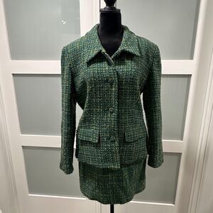 Vintage 90s Esprit Green Yellow Tweed Blazer Mini Skirt Suit Set Size 5/6 Small